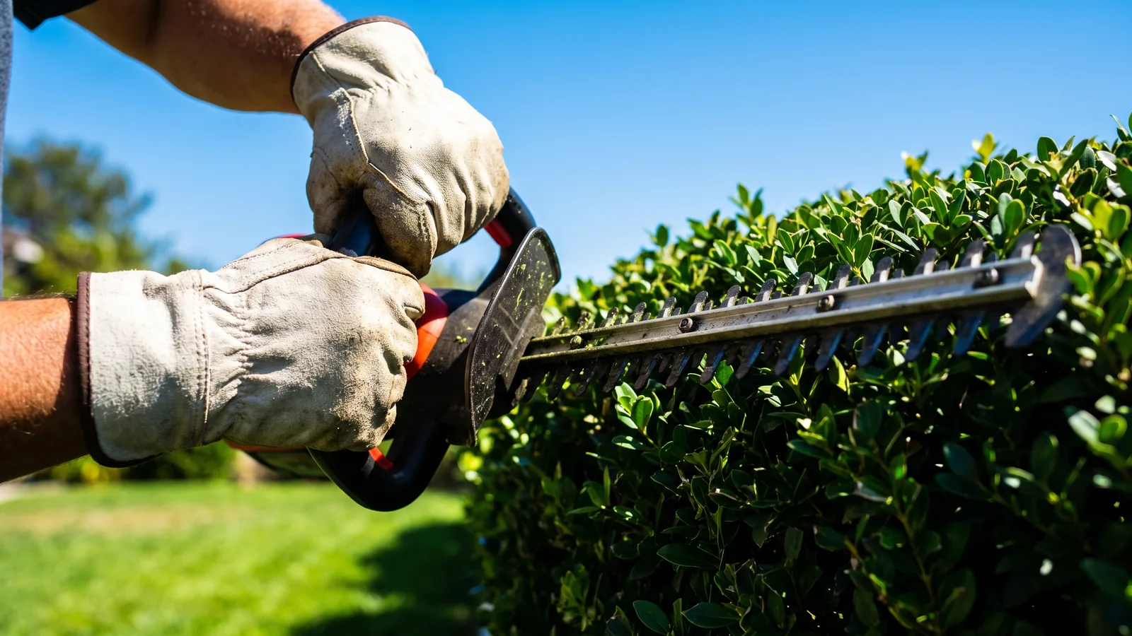 A landscaping crew trimming a hedge in Anaheim, CA
